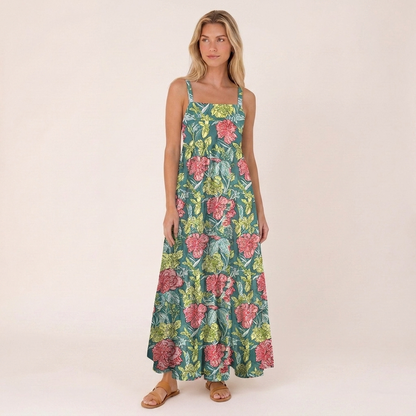 Romantic Peony Garden Print Wide Straps Maxi Dress With Pockets