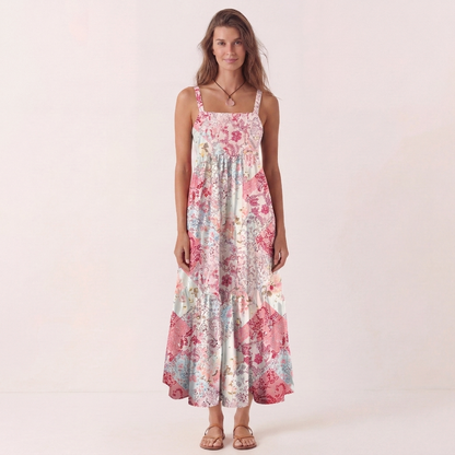 Shabby Chic Floral Patchwork Print Wide Straps Maxi Dress With Pockets