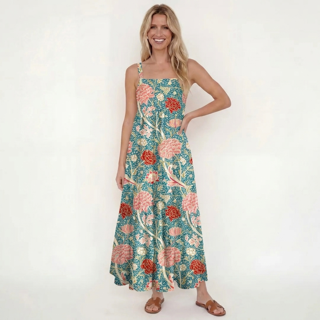 Vintage Peony Lotus Floral Print Wide Straps Maxi Dress With Pockets