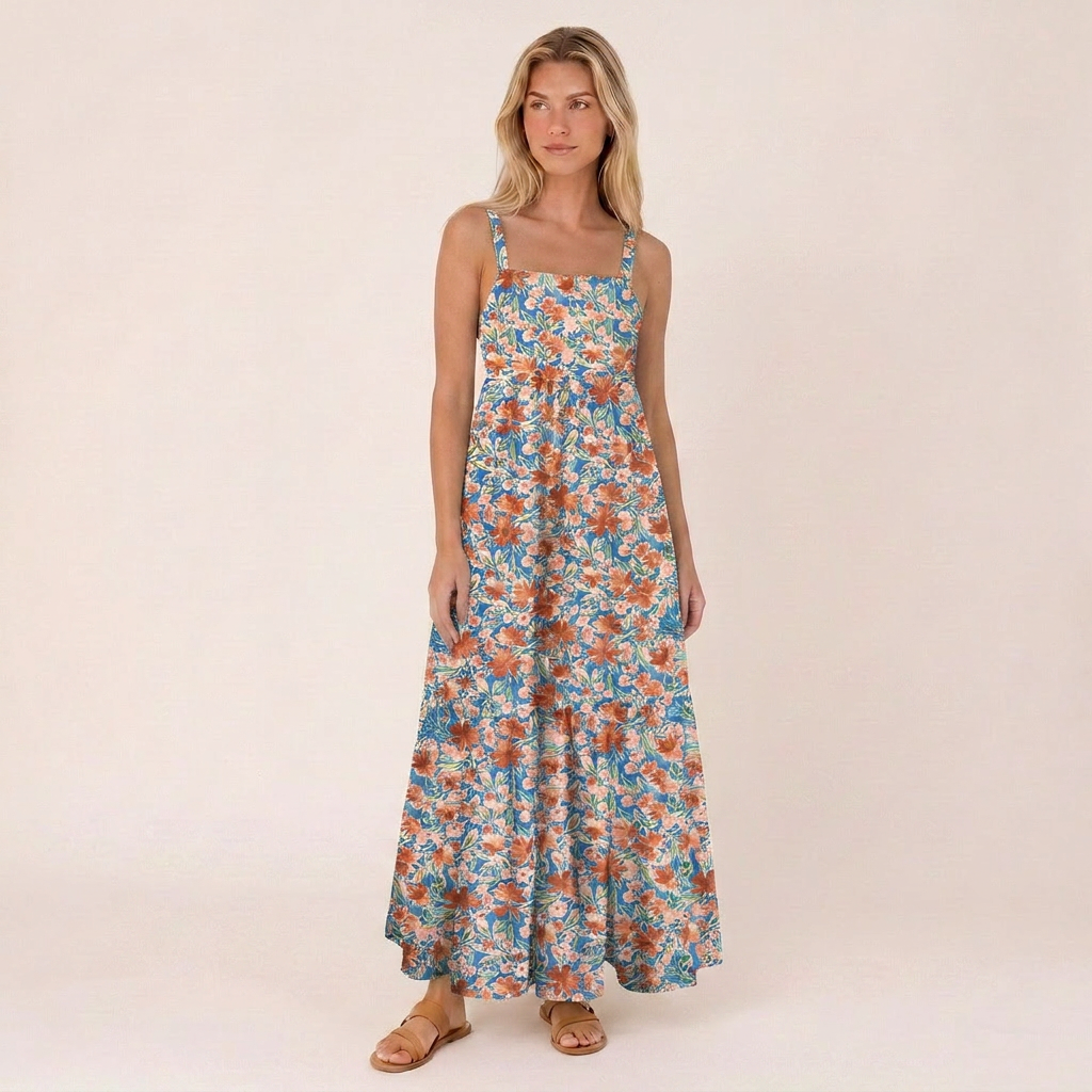 Retro Orange Flower Meadow Print Wide Straps Maxi Dress With Pockets