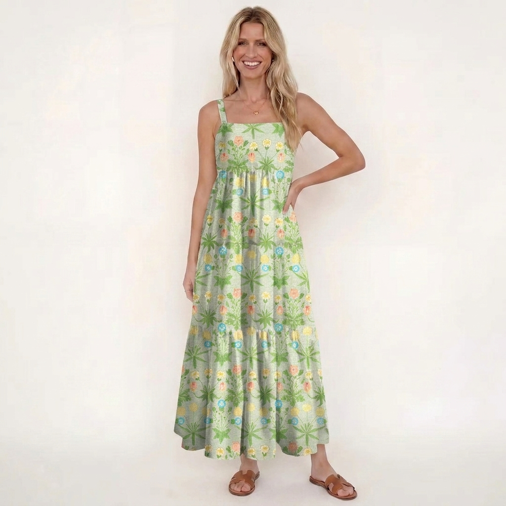 Retro Green Floral Meadow Print Wide Straps Maxi Dress With Pockets