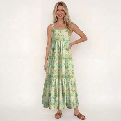 Retro Green Floral Meadow Print Wide Straps Maxi Dress With Pockets