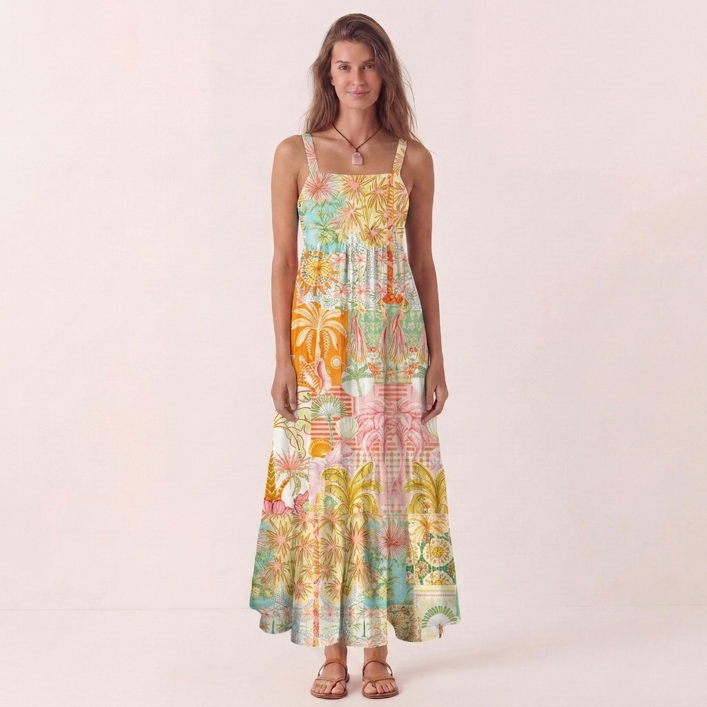 Bohemian Tropical Paradise Print Wide Straps Maxi Dress With Pockets