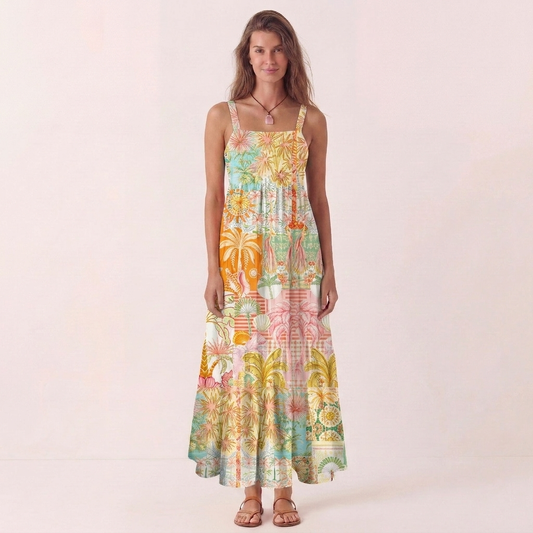 Bohemian Tropical Paradise Print Wide Straps Maxi Dress With Pockets
