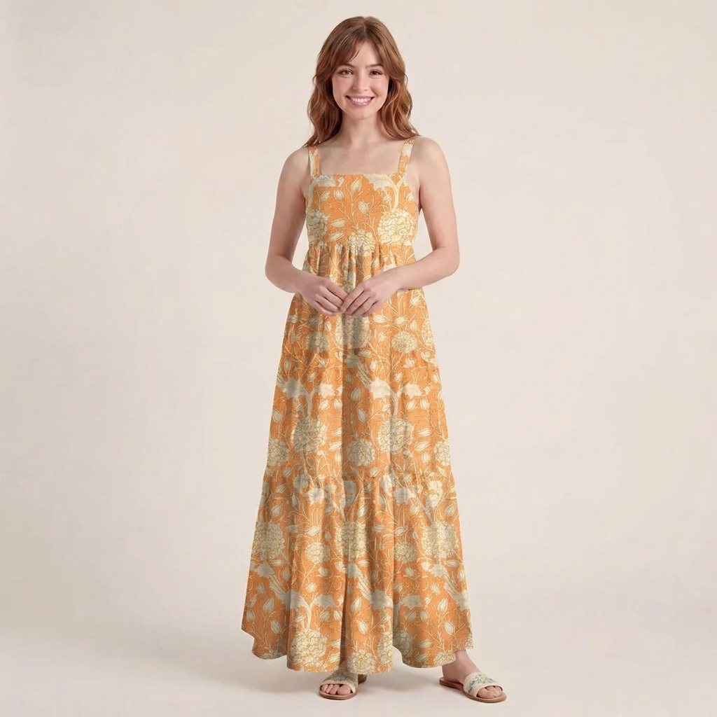 Classic Coral Botanical Print Wide Straps Maxi Dress With Pockets