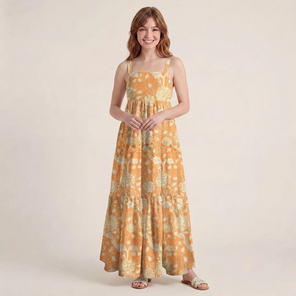 Classic Coral Botanical Print Wide Straps Maxi Dress With Pockets
