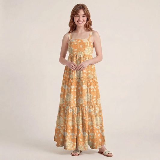 Classic Coral Botanical Print Wide Straps Maxi Dress With Pockets