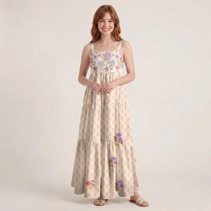 Sweet Blossom Camisole Print Wide Straps Maxi Dress With Pockets