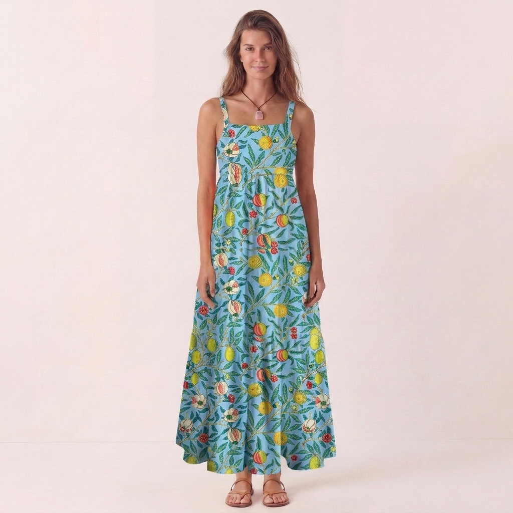 Lemon Pomegranate Garden Wide Straps Maxi Dress With Pockets