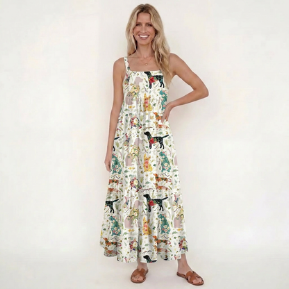 Flower Dog Print Wide Straps Maxi Dress With Pockets