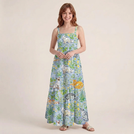 Cat Leaves Wide Straps Maxi Dress With Pockets