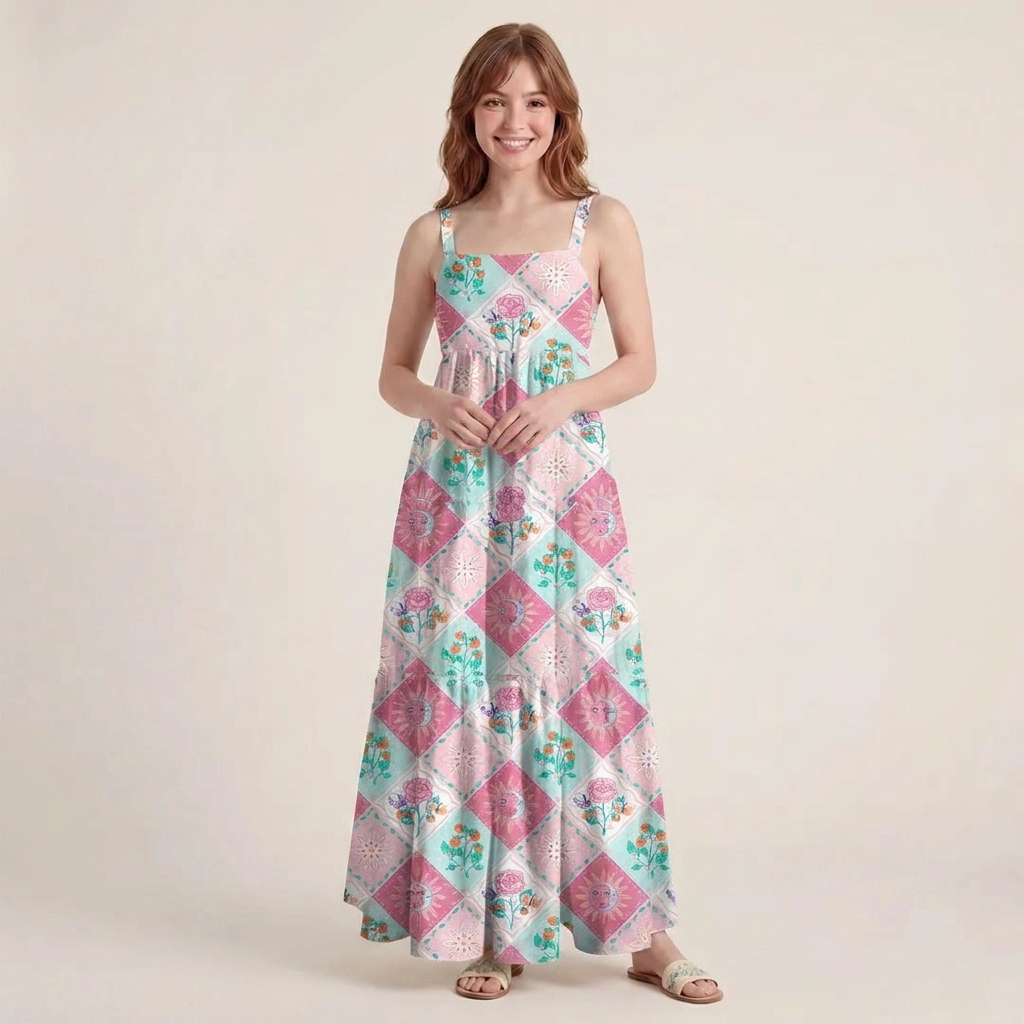 Vibrant Garden Patchwork Wide Straps Maxi Dress With Pockets
