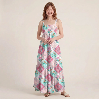 Vibrant Garden Patchwork Wide Straps Maxi Dress With Pockets