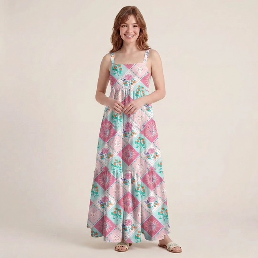Vibrant Garden Patchwork Wide Straps Maxi Dress With Pockets