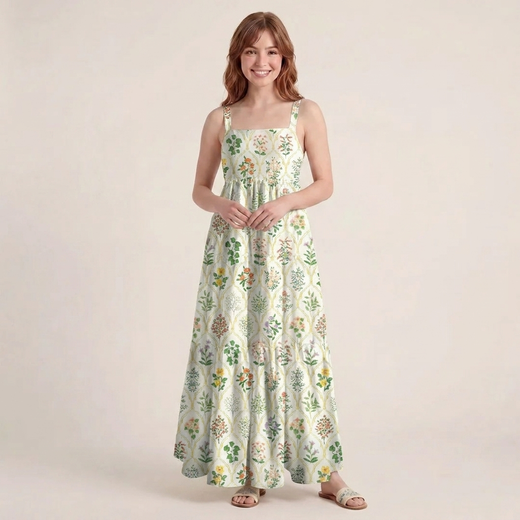 Warm Grid Floral Whisper Wide Straps Maxi Dress With Pockets