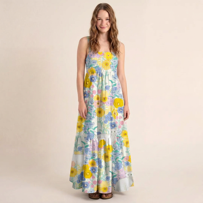 Pastel Meadow Cat Print Wide Straps Maxi Dress With Pockets