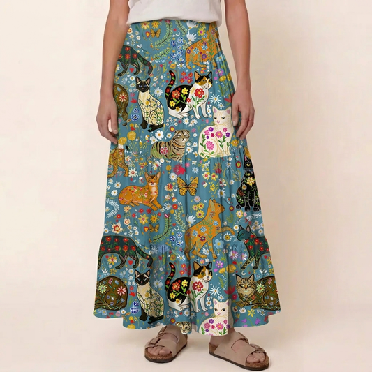 Colorful Garden Cat Print Convertible Maxi Skirt & Strapless Dress