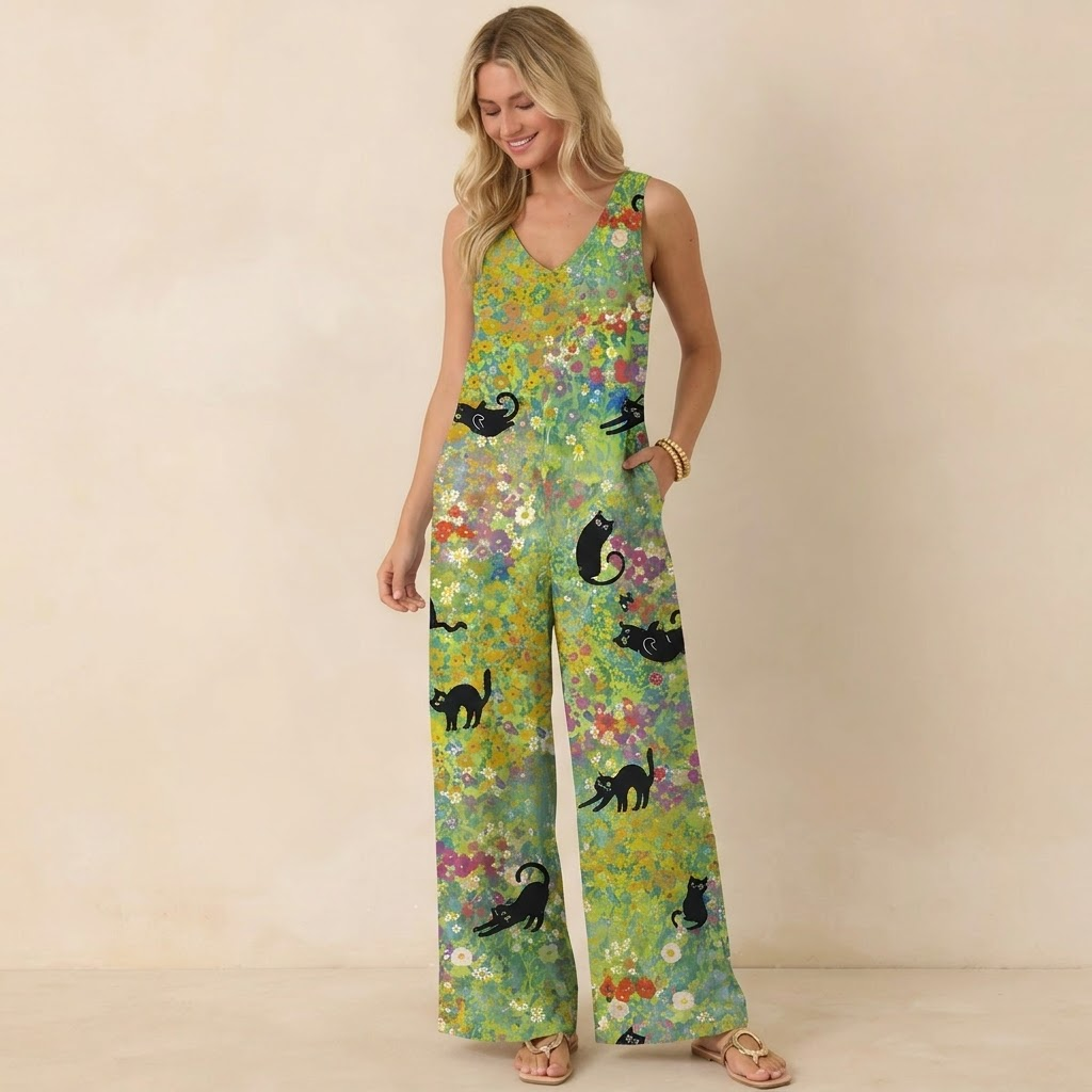 Wildflower Garden Black Cat Print Boho Jumpsuit with Pockets for Women