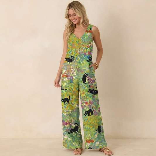 Wildflower Garden Black Cat Print Boho Jumpsuit with Pockets for Women