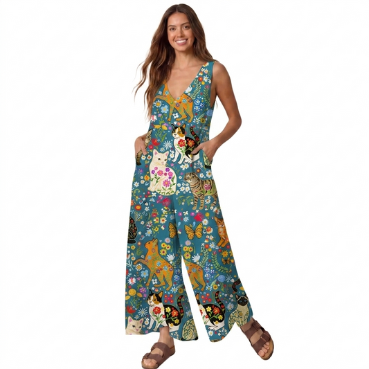 Colorful Garden Cat Pattern Boho Jumpsuit with Pockets for Women