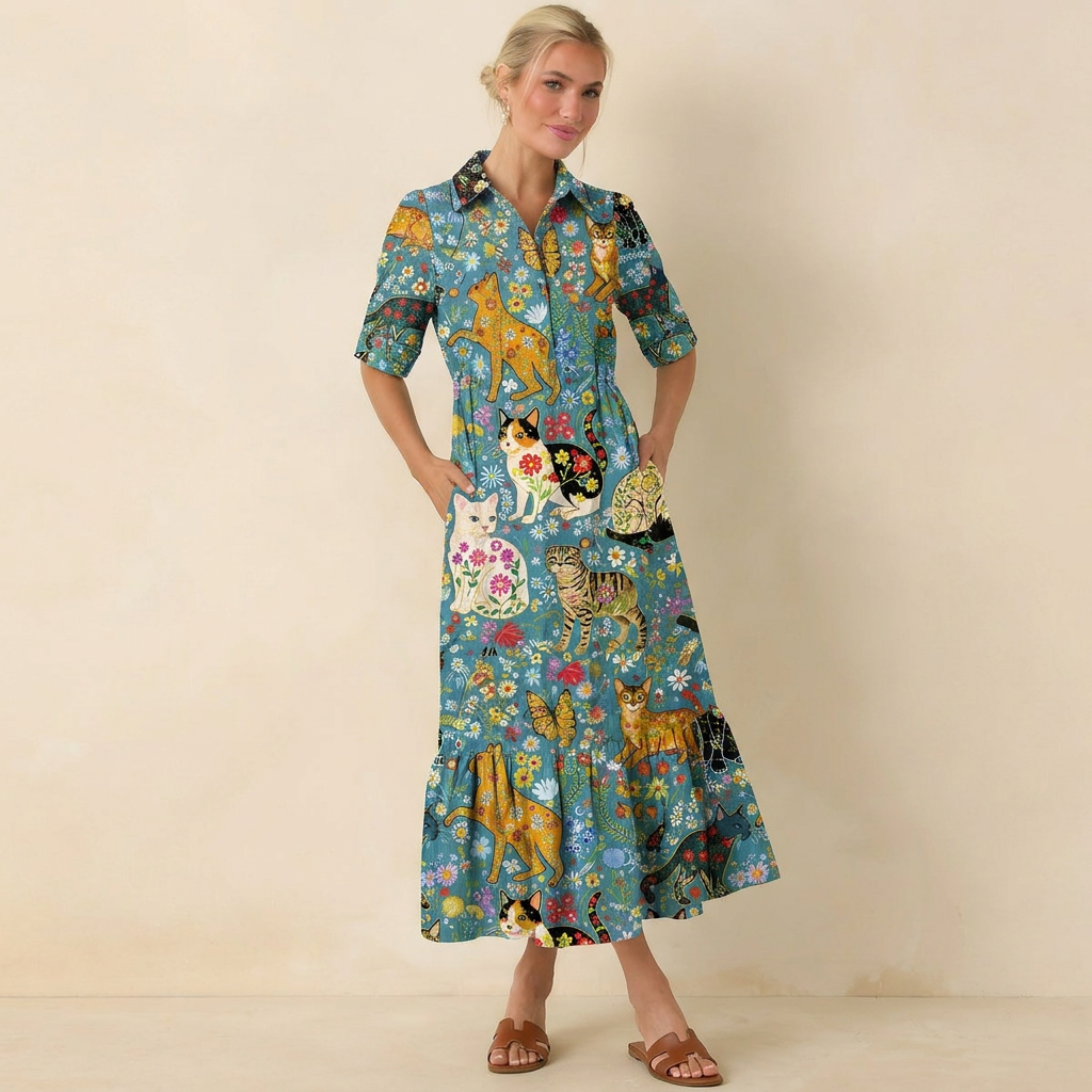 V Neck Collared Colorful Garden Cat Midi Dress For Women With Pockets