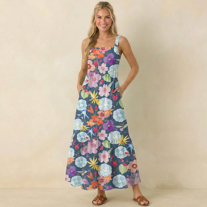 Vibrant Watercolor Bloom Print Wide Straps Maxi Dress With Pockets