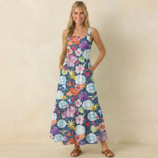 Vibrant Watercolor Bloom Print Wide Straps Maxi Dress With Pockets