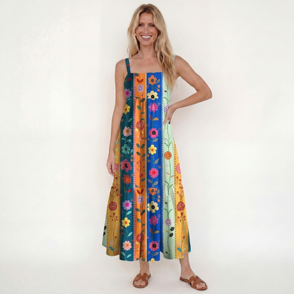 Rainbow Garden Colorblock Printed Wide Straps Maxi Dress With Pockets