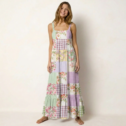 Creamy Garden Patchwork Printed Wide Straps Maxi Dress With Pockets