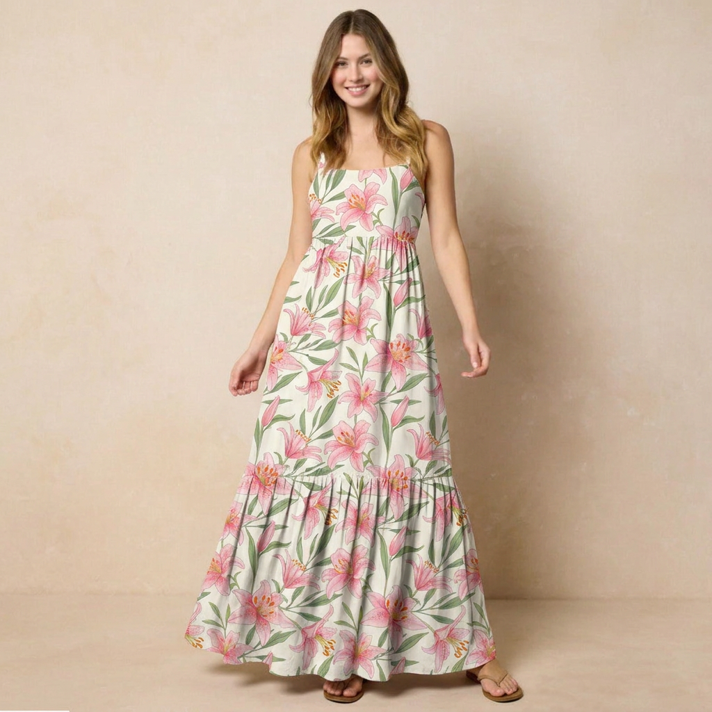 Garden Lily Printed Wide Straps Maxi Dress With Pockets