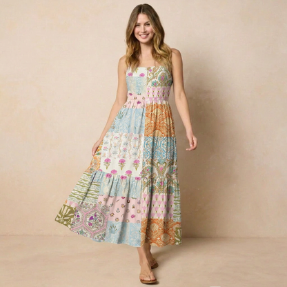 Timeless Floral Patchwork Wide Straps Maxi Dress With Pockets