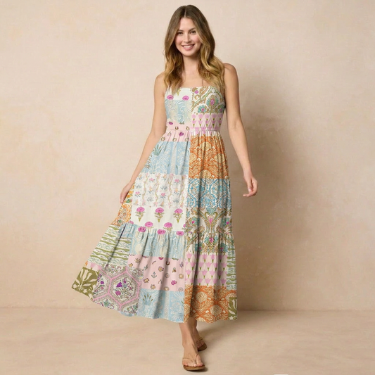 Timeless Floral Patchwork Wide Straps Maxi Dress With Pockets