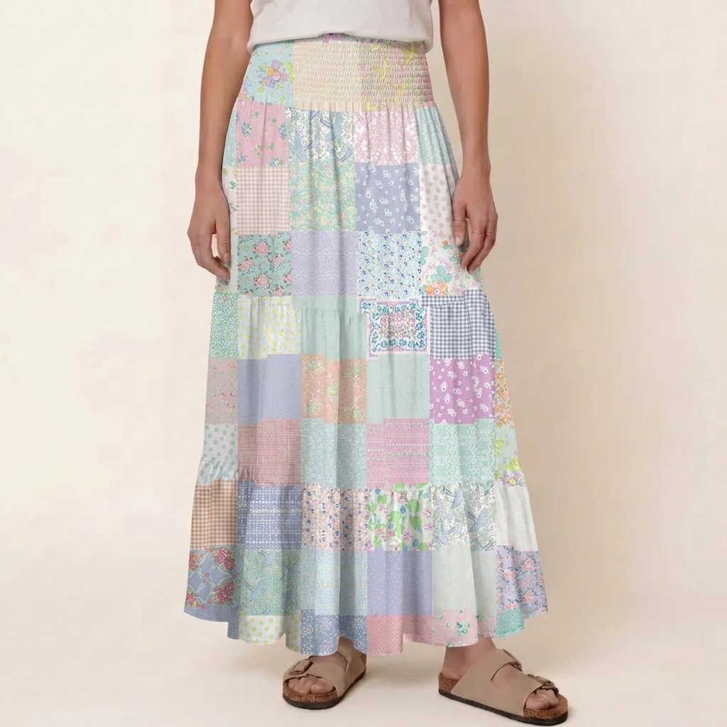 Vintage Quilt Patchwork Print Convertible Maxi Skirt & Strapless Dress