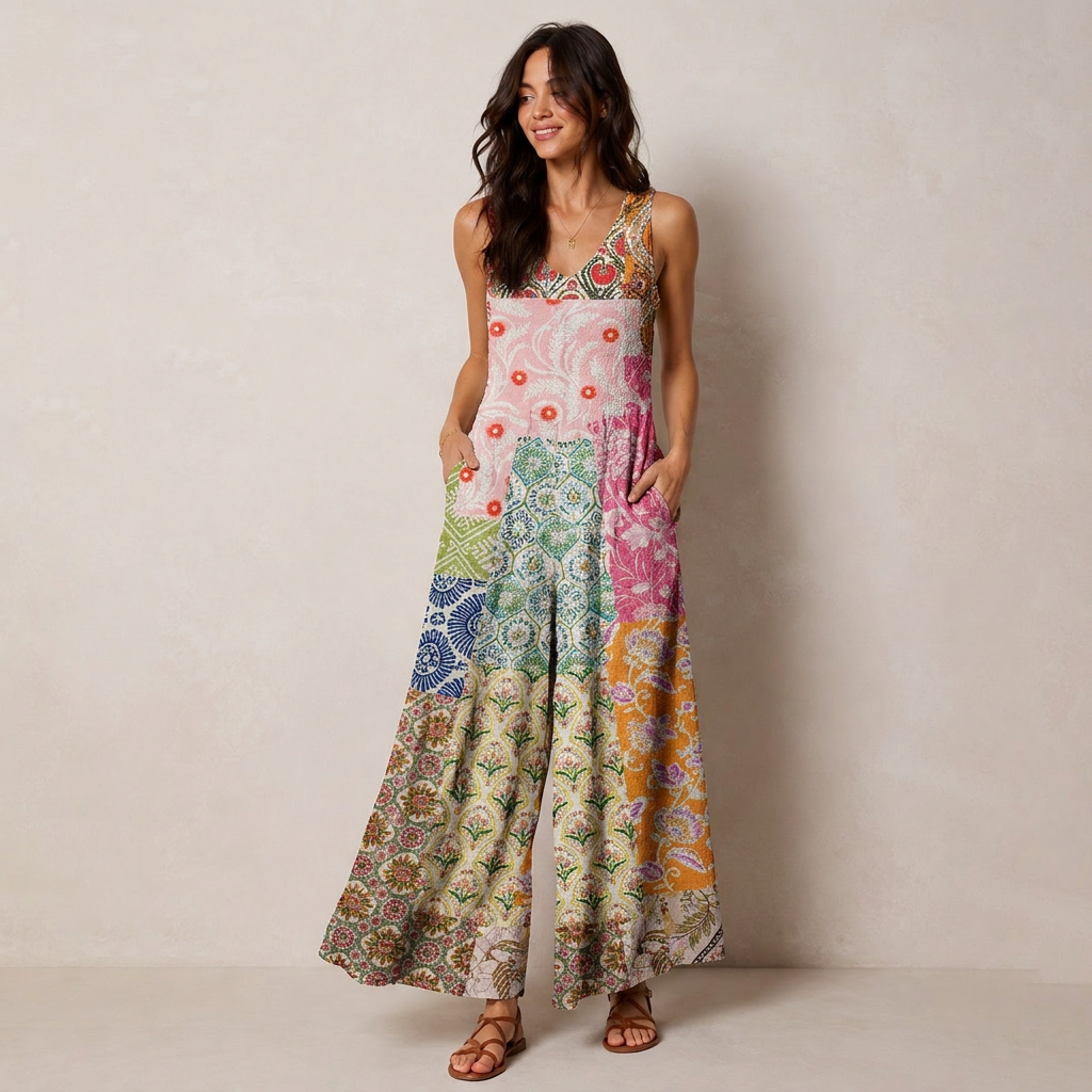 Colorful Bohemian Patchwork Print Boho Jumpsuit with Pockets for Women