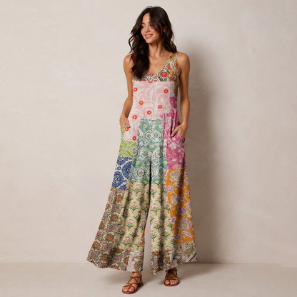 Colorful Bohemian Patchwork Print Boho Jumpsuit with Pockets for Women