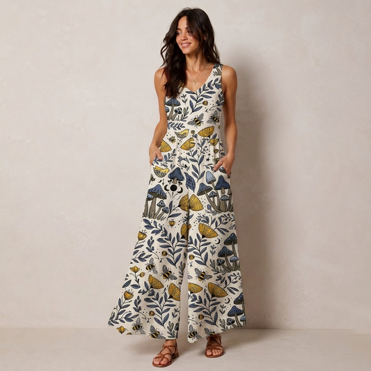 Bee Whisper Forest Print Boho Jumpsuit with Pockets for Women