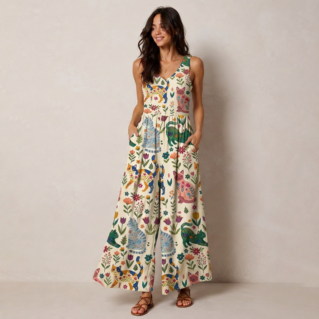 Cute Flower Cat Print Boho Jumpsuit with Pockets for Women
