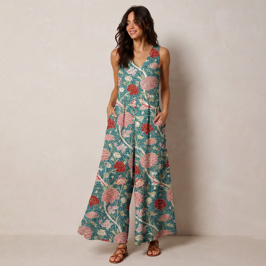 Vintage Peony Lotus Floral Print Boho Jumpsuit with Pockets for Women