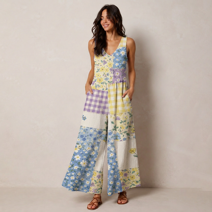 Floral Meadow Patchwork Print Boho Jumpsuit with Pockets for Women