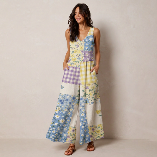 Floral Meadow Patchwork Print Boho Jumpsuit with Pockets for Women