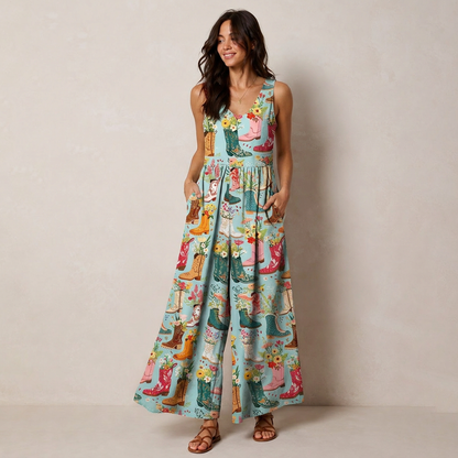 Boots Flower Print Boho Jumpsuit with Pockets for Women