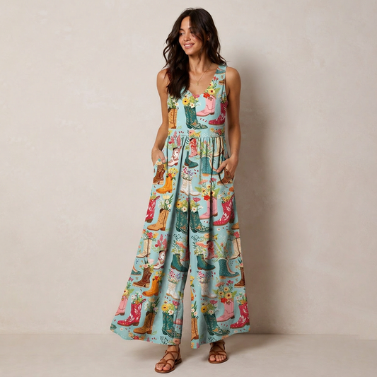 Boots Flower Print Boho Jumpsuit with Pockets for Women