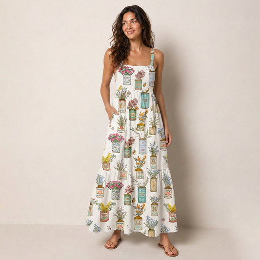 Vintage Tea Cans Print Wide Straps Maxi Dress With Pockets