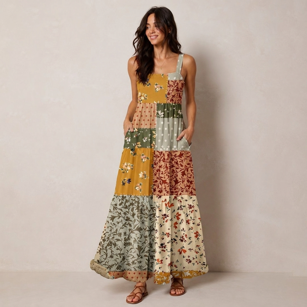 Rustic Floral Patchwork Print Wide Straps Maxi Dress With Pockets