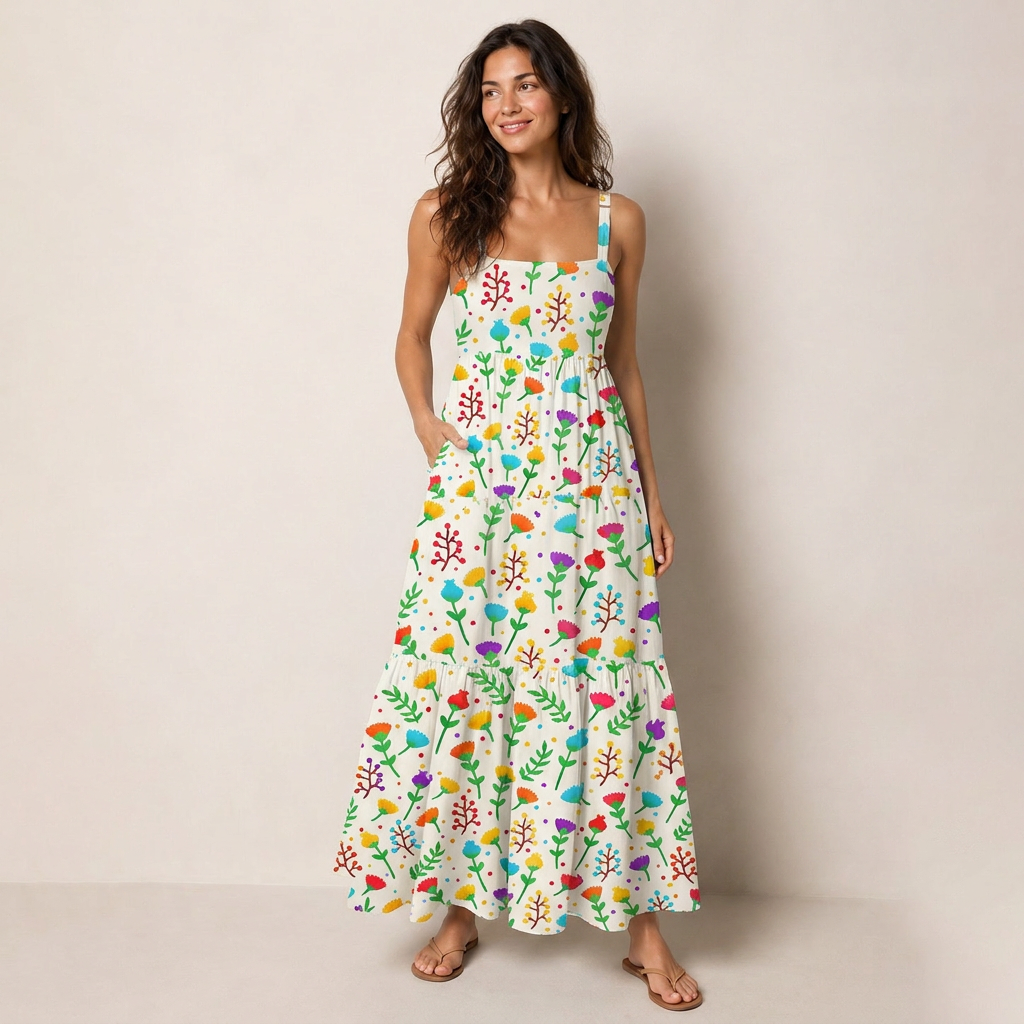 Pride Flowers Print Wide Straps Maxi Dress With Pockets