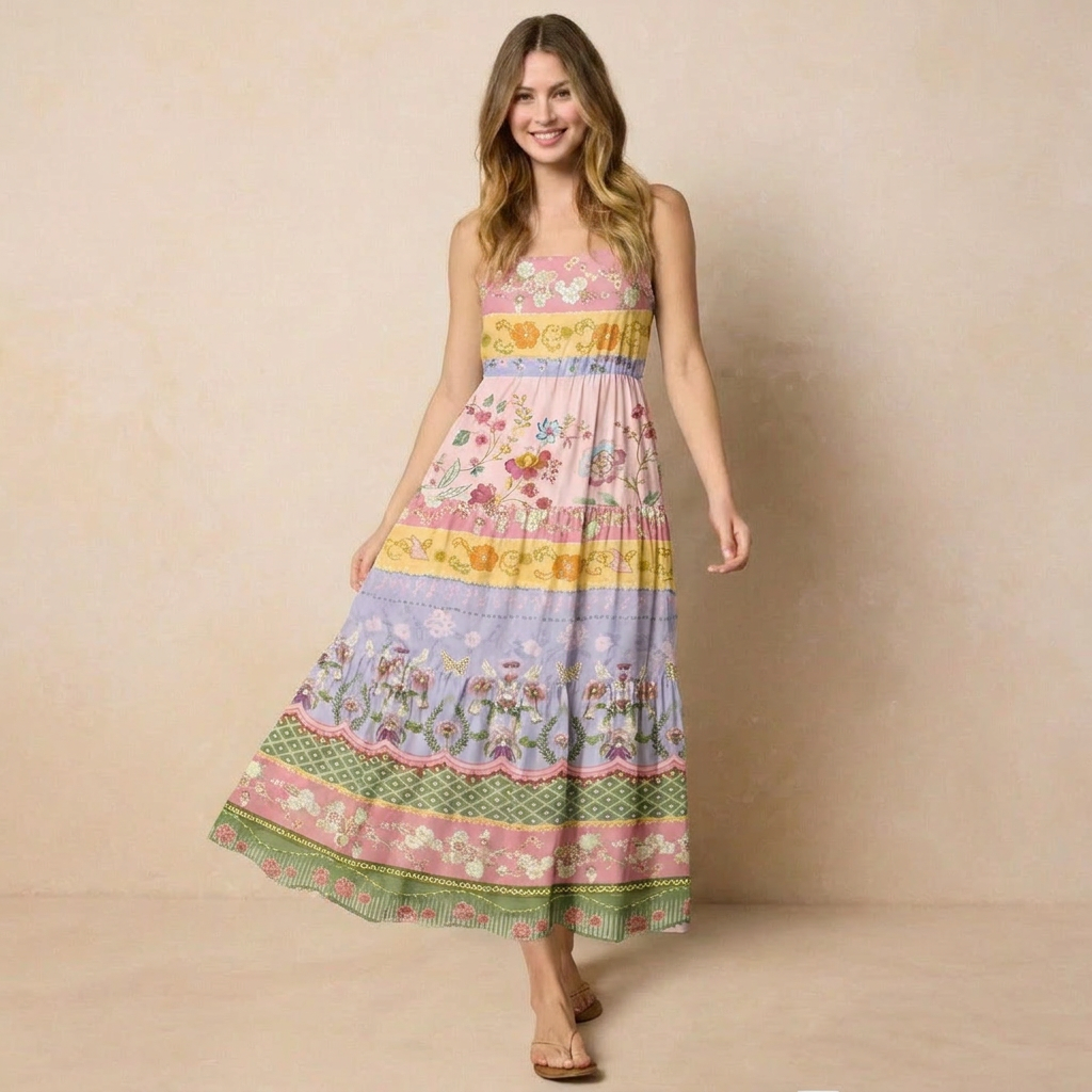 Romantic Floral Ribbon Stripes Print Wide Straps Maxi Dress With Pockets