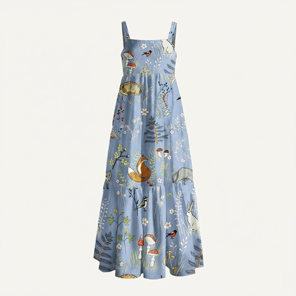 Whimsical Woodland Animals Print Wide Straps Maxi Dress With Pockets