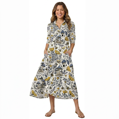 Bee Whisper Forest Print Midi Dress For Women With Pockets