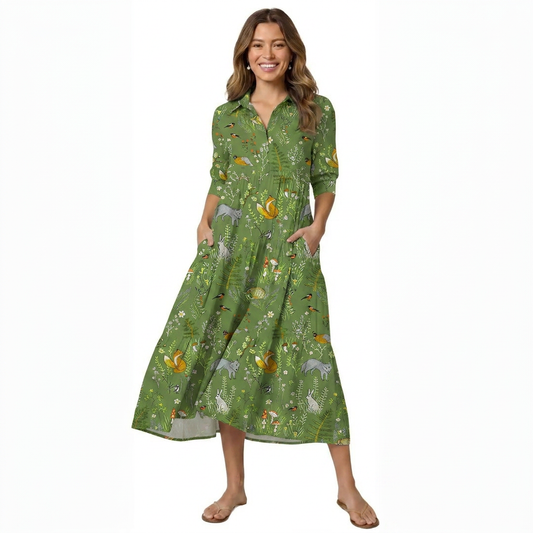 Whimsical Woodland Animals Print Midi Dress For Women With Pockets
