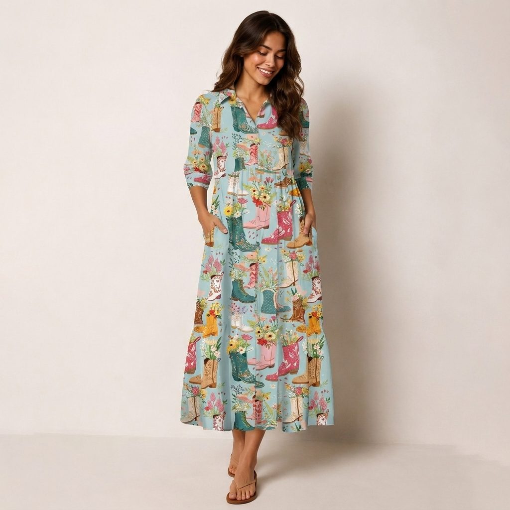 Boots Flower Print Midi Dress For Women With Pockets